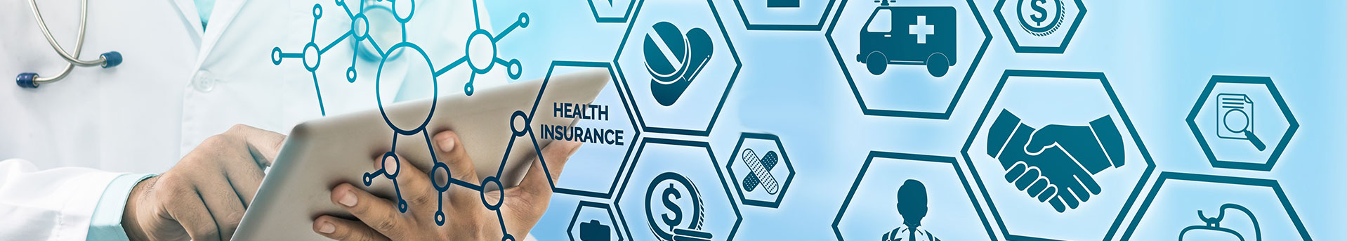 doctor holding tablet, floating health insurance related icons